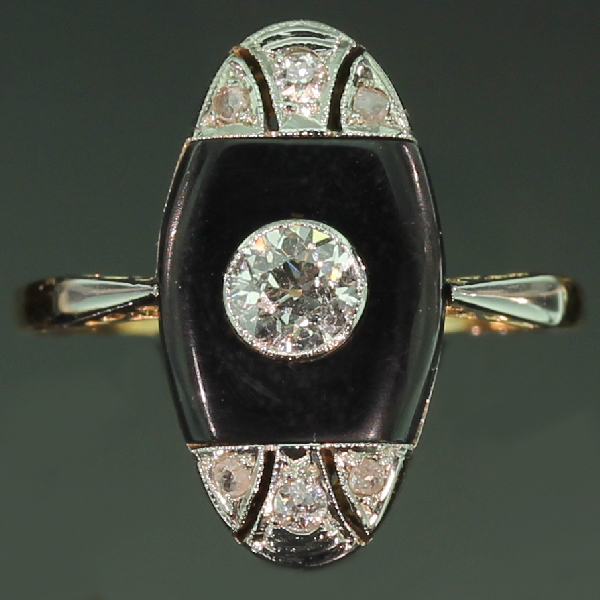 Original Art Deco diamond engagement ring with onyx from the antique jewelry collection of www.adin.be